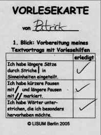 Schülerbeispiel einer Vorlesekarte