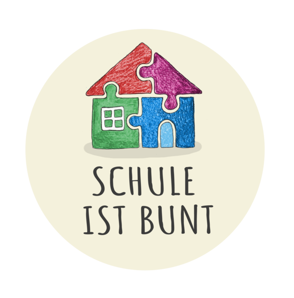 Buntes Puzzlehaus mit dem Titel "Schule ist bunt"
