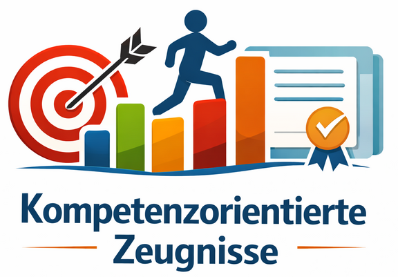 Kompetenzorientierte Zeugnisse: Zielscheibe, Figur l&auml;uft auf wachsenden Balken, Dokument mit Siegel