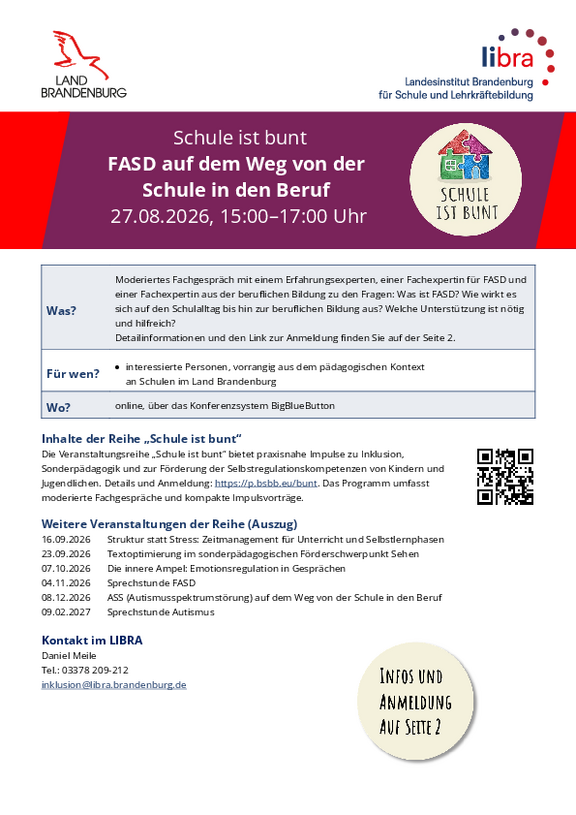 Veranstaltungsinformation Schule ist bunt FASD am 27.08.2026