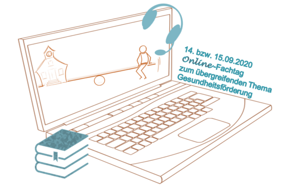 Online Fachtag mit Laptop, Headset und Büchern