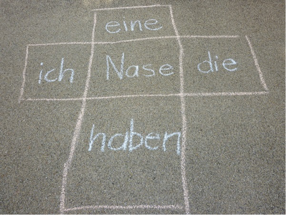 Hüpfspiel mit fünf Feldern und fünf Wörtern aus dem Grundwortschatz