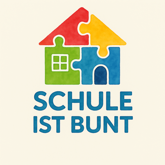 Buntes Puzzlehaus. Darunter der Schriftzug: Schule ist bunt