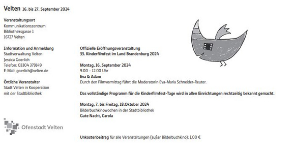 Programm Kinderfilmfest 2024 in Velten