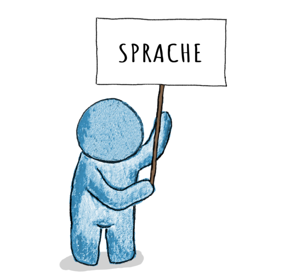 Zwei Figuren halten das Schild "Sprache" hoch