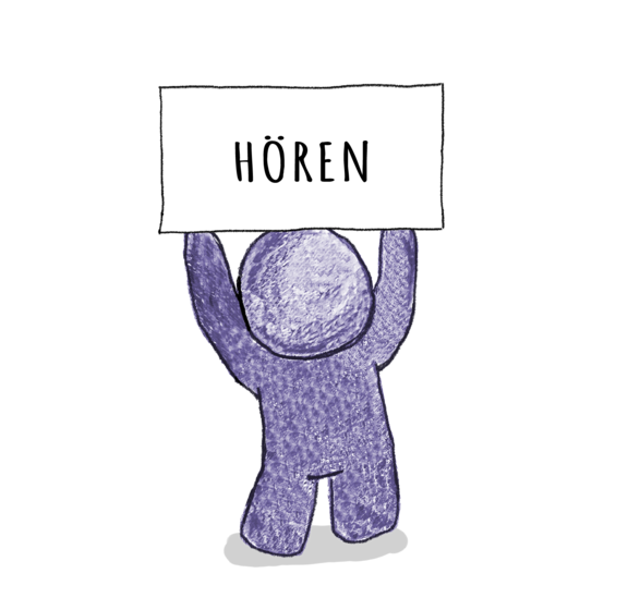 Figur h&auml;lt Schild, auf dem steht: H&ouml;ren