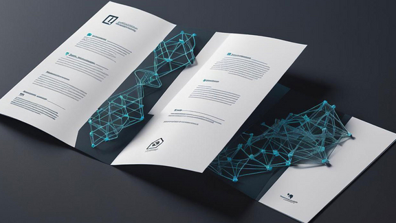 Eine elegante und moderne Broschüre mit verschlungenen grafischen Symbolen, die modernste KI-Technologie darstellen und die Schnittstelle zwischen Rechtssystemen und fortschrittlicher technologischer Innovation symbolisieren