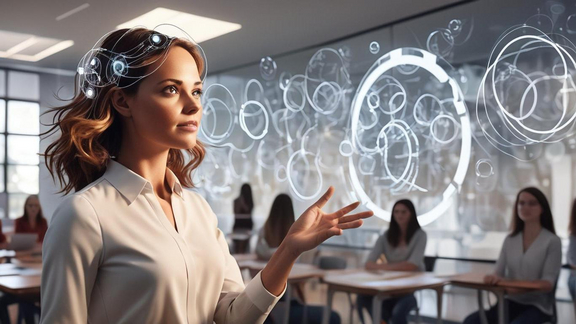 Eine Lehrerin, die modernste, künstliche Intelligenz-Technologie einsetzt, um ein modernes, interaktives Klassenzimmer zu unterrichten, das mit transparenten Wänden und engagierten Schüler gefüllt ist. (KI-generiertes Bild)