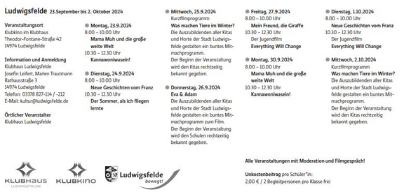 Programm Kinderfilmfest 2024 in Ludwigsfelde