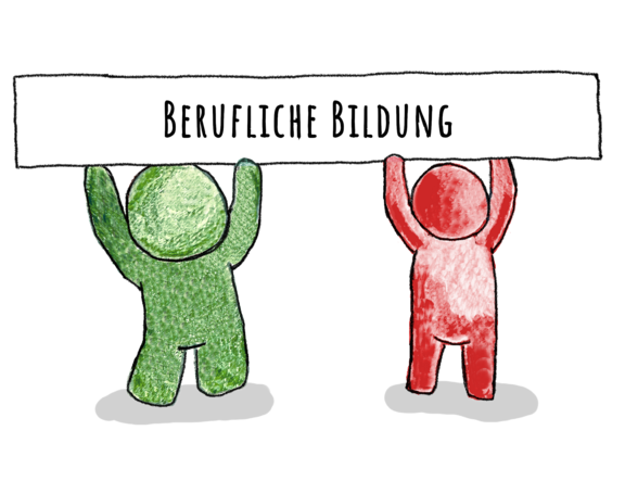 Zwei Figuren halten ein Schild: Berufliche Bildung