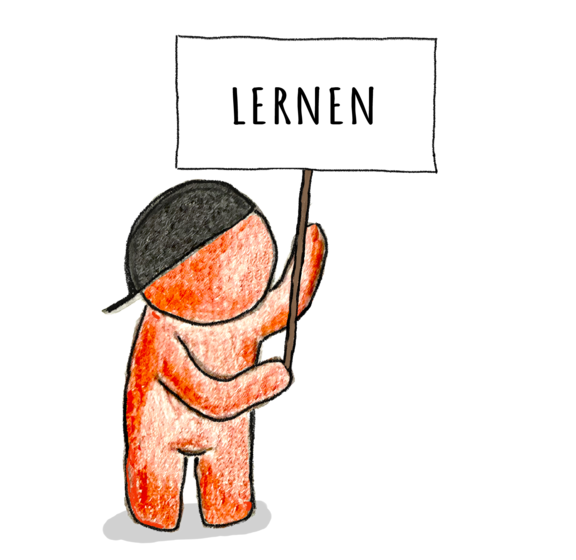 Zwei Figuren halten das Schild "Lernen" hoch