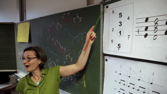 Bild zeigt eine Frau, die Musiktheorie unterrichtet