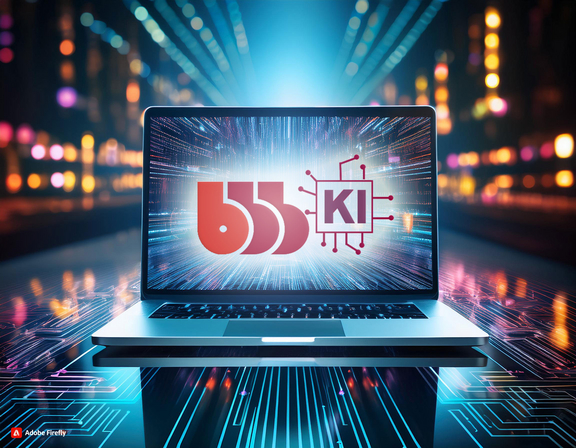 Ein schlanker Laptop steht auf einer leicht spiegelnden Oberfläche. Der Hintergrund besteht aus leuchtenden Mustern, die ein Gefühl von künstlicher Intelligenz und moderner Technologie vermitteln. Auf dem Bildschirm ist das Logo von "bbb_KI" zu erkennen.
