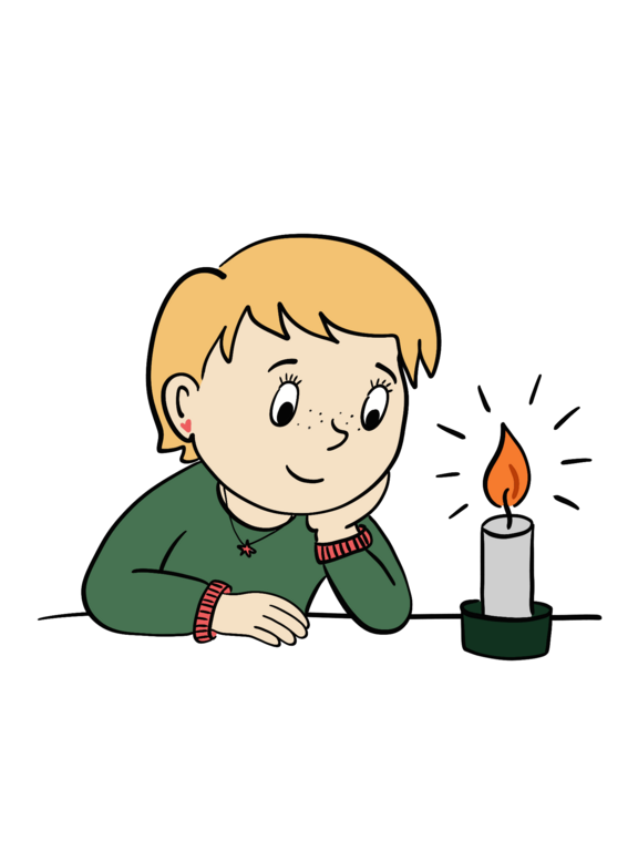 Das Bild zeigt den Cartoon einer jungen Figur, die verträumt eine brennende Kerze anschaut.