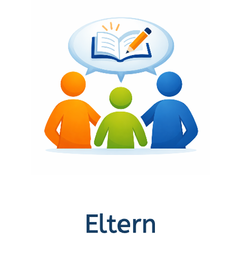 3 bunte Figuren, die eine Familie symbolisieren, darüber eine Sprechblase mit schulischen Inhalten, Text: Elternarbeit