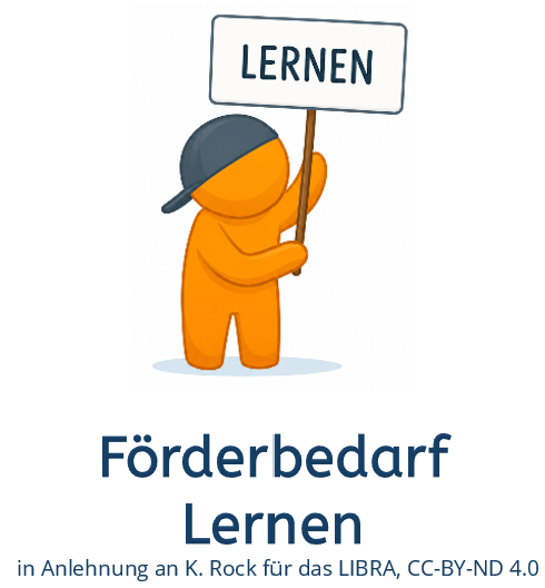 Figur hält Schild hoch mit der Aufschrift Lernen, Schrift unten: Förderbedarf Lernen