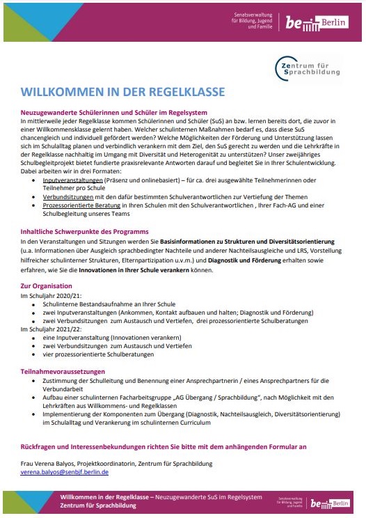 Schulbegleitprogramm Willkommen in der Regelklasse